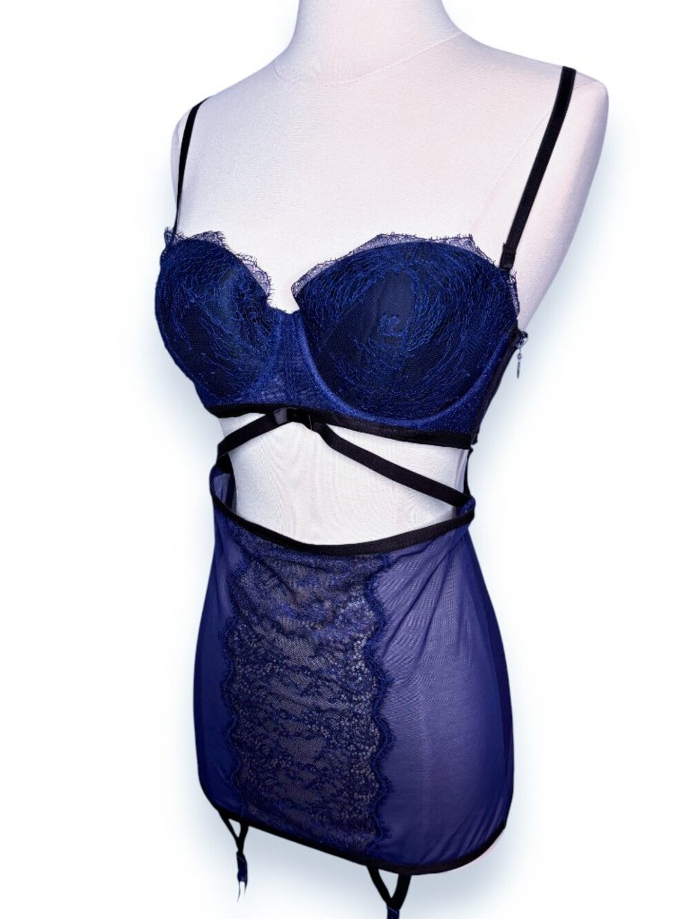 Victoria's Secret Blue Mesh Lace Black Strappy Cutout Lingerie Size 36B - Picture 4 of 6